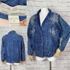 80s Acid Wash Blue Denim Shirt embroidered Beaded long sleeve button front